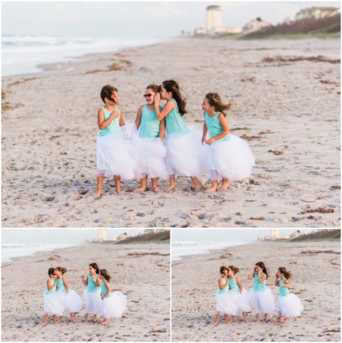 Girls whispering to each other during Melbourne Beach Family Photography session