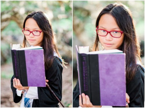 Fun Family Portraits with Harry Potter theme girl reading favorite book