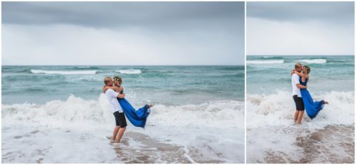 Groom spinning bride in ocean during Melbourne Beach Florida engagement session