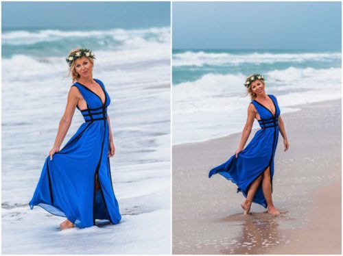 Bride spinning in electric blue dress during Melbourne Beach Florida engagement session
