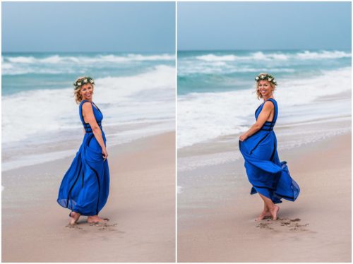 Bride spinning in electric blue dress during Melbourne Beach Florida engagement session