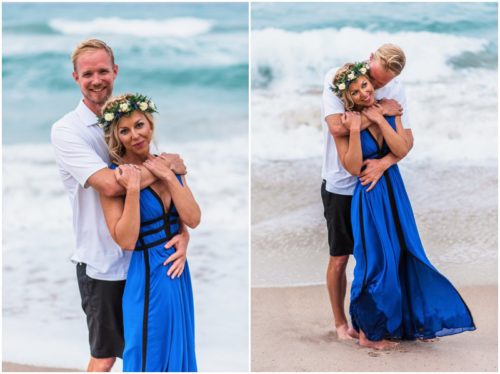 Groom hugging bride in blue dress during Melbourne Beach Florida engagement session
