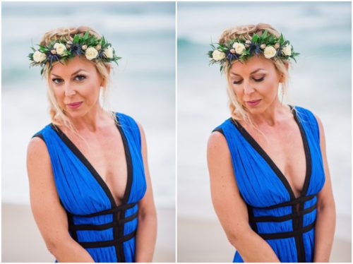 Blue and white rose flower crown on beautiful bride on beach