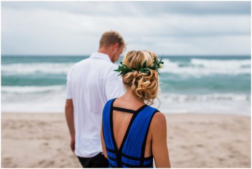 View of girls hair and flower crown during Melbourne Beach Florida engagement