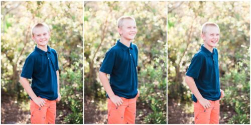 Boy in blue and orange in woods during Gleason Park Family Portraits