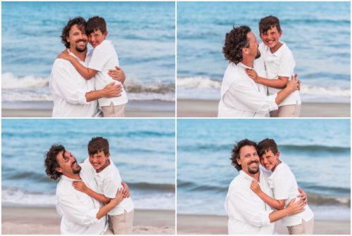 Dad and son dressed in white with ocean in background during Melbourne Beach Family Portraits