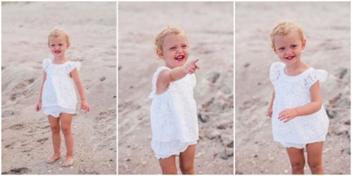 Back of two year old cute white lace outfit during Melbourne Beach Family Portraits