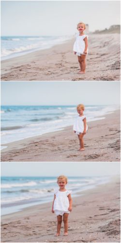 Back of two year old cute white lace outfit during Melbourne Beach Family Portraits