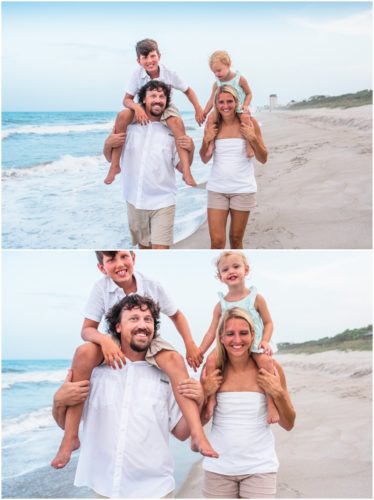 Mom and Dad giving kids piggy back rides during Melbourne Beach family portrait session