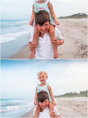 Big brother giving little sister a piggy back ride during Melbourne Beach family portrait session