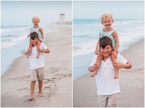 big brother giving little siter a piggy back ride during Melbourne Beach family portrait session