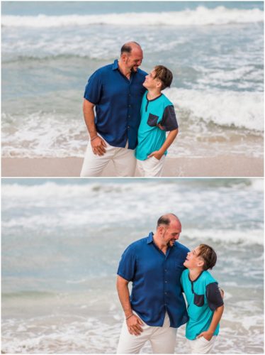 Dad and his son dressed in blue by ocean during their fun family beach portraits