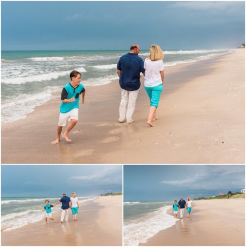 Son running around parents during their fun family beach portraits