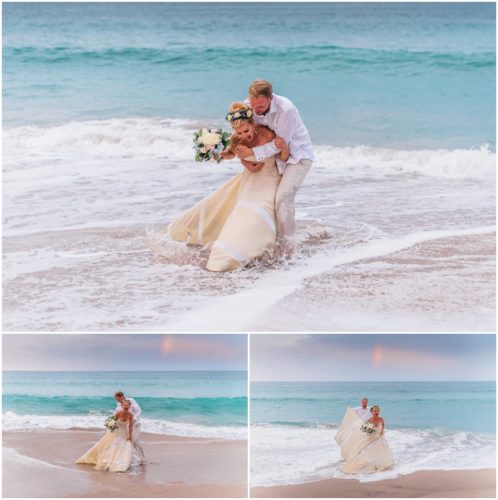 couple playing in ocean during gorgeous Melbourne Beach wedding