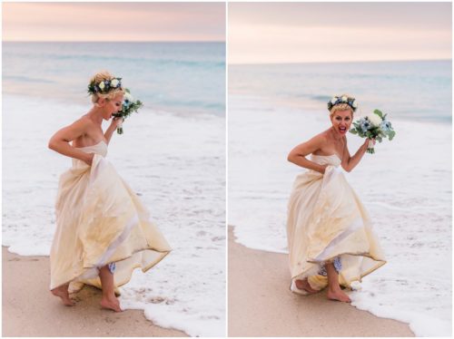 Bride playing in ocean during gorgeous Melbourne Beach wedding
