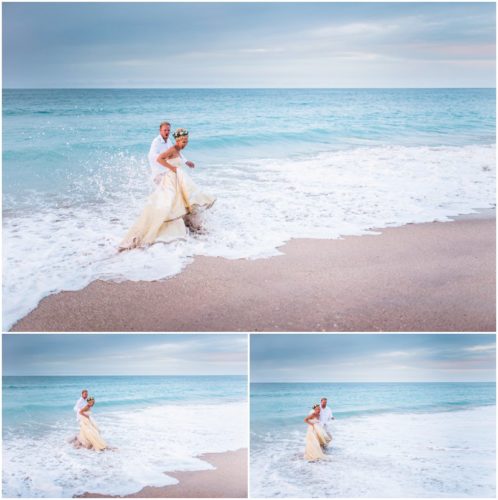 Couple playing by ocean during gorgeous Melbourne Beach wedding