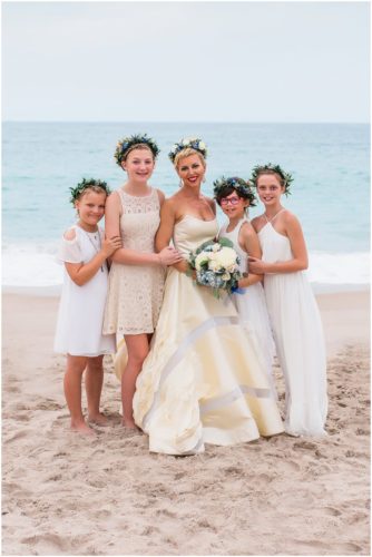 Bride with flower girls on beach during gorgeous melbourne beach wedding