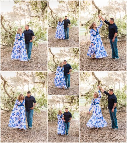 Couple dancing under the Oak tress during Vero Beach engagement