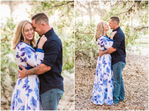 Couple together under oak trees during Vero Beach engagement