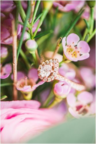 engagement ring in flowers at Up the Creek Farms Wedding