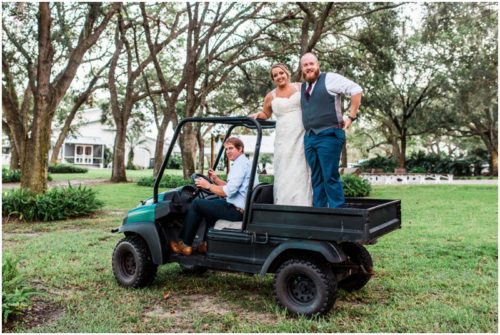 Bride and groom in golf cart at Up the Creek Farms Wedding