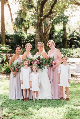 Bridesmaids in mauve with flower girls at Up the Creek Farms Wedding