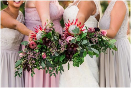 Green and mauve bouquets at Up the Creek Farms Wedding