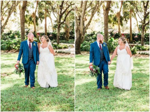 Bride and groom holding hands and walking at Up the Creek Farms Wedding