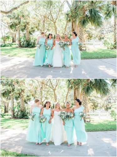 Bride with bridesmaids dressed in mint during beautiful Up the Creek Farms Wedding