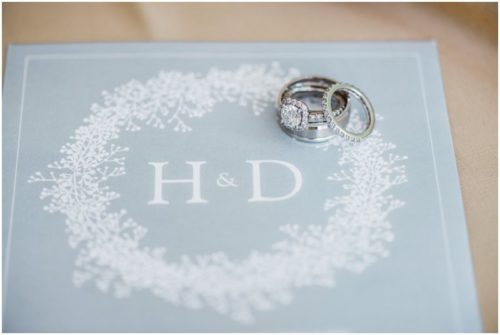 Wedding rings on invitation during a beautiful Up the Creek Farms Wedding