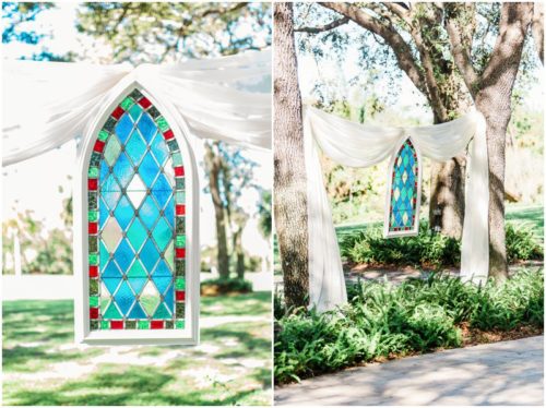 blue and green stained glass Maid of honor walking with the dog ring bearer during beautiful Up the Creek Farms Wedding