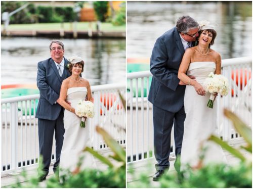 Bride and groom outside by boats Eau Gallie Yacht Club Wedding