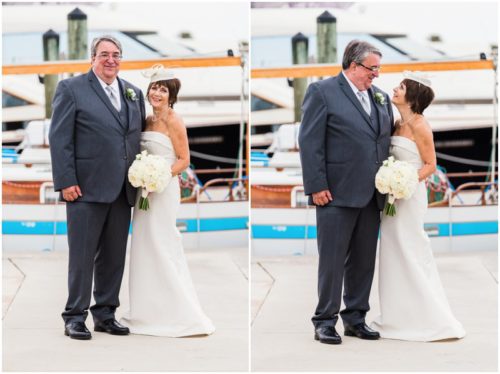 Bride and groom outside by boats Eau Gallie Yacht Club Wedding