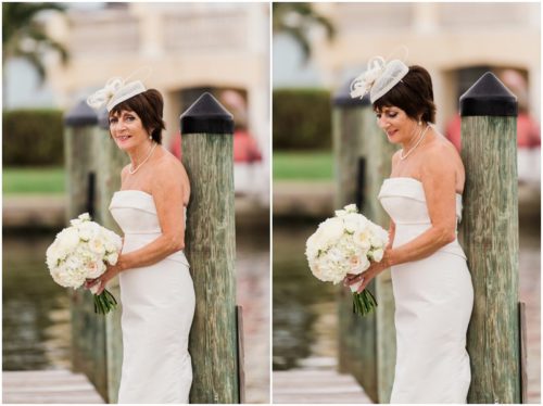Bride and groom outside by boats Eau Gallie Yacht Club Wedding