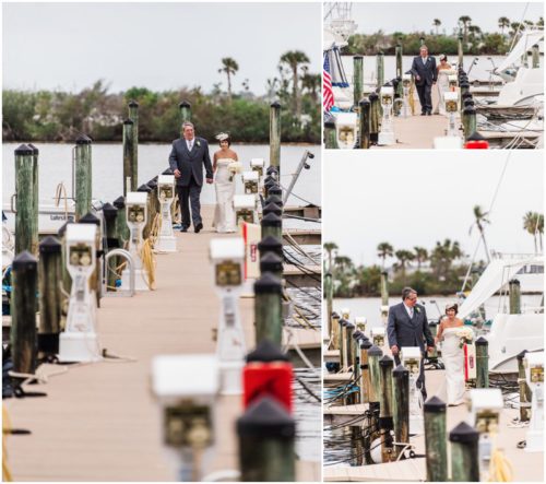 Bride and groom outside by boats Eau Gallie Yacht Club Wedding