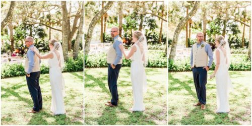 First look under the oak trees during a Up the Creek Farms Wedding