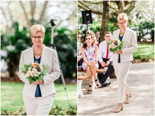 Bride's sister walking down aisle during a Up the Creek Farms Wedding
