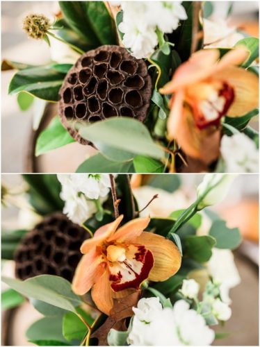 Close up of flowers in bridal bouquet during a Up the Creek Farms Wedding