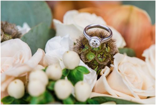 Wedding ring on bouquet during a Up the Creek Farms Wedding