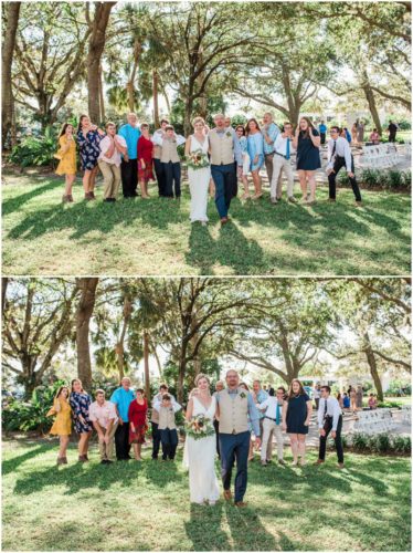Bridal party and family walking during a Up the Creek Farms Wedding