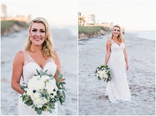 Bride with bouquet on beach Satellite Beach Wedding