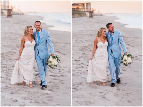 Couple walking on beach Satellite Beach Wedding