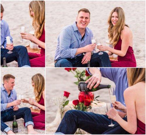 Couple toasting on beach after getting engaged during Cocoa Beach Surprise Proposal