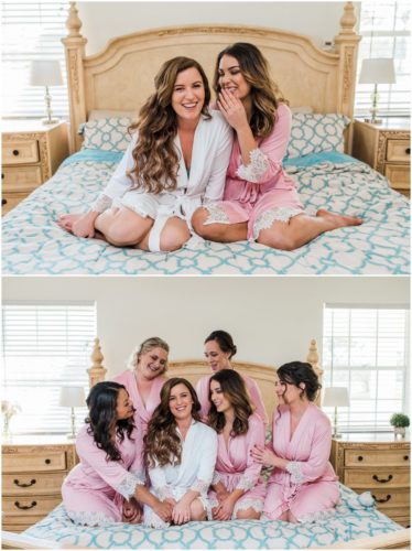 girls in robes on bed during Bellewood Plantation wedding, Vero Beach, Florida