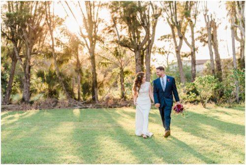 Bride and groom walking during Bellewood Plantation wedding, Vero Beach, Florida