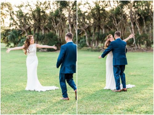 Bride and groom hugging during Bellewood Plantation wedding, Vero Beach, Florida