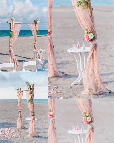 Pink lace arch with sand bottles Cocoa Beach Wedding
