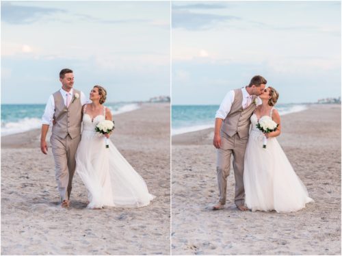 Bride and groom walking on beach Cocoa Beach Wedding