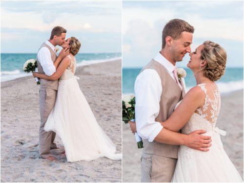 Bride and groom snuggling on beach Cocoa Beach Wedding