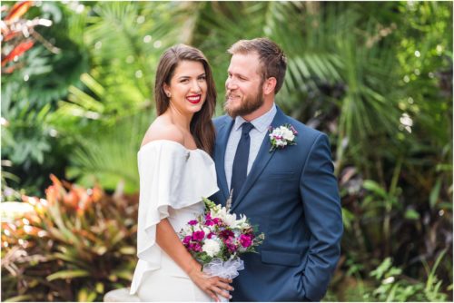 bride and groom laughing at Florida Tech Botanical Gardens Wedding